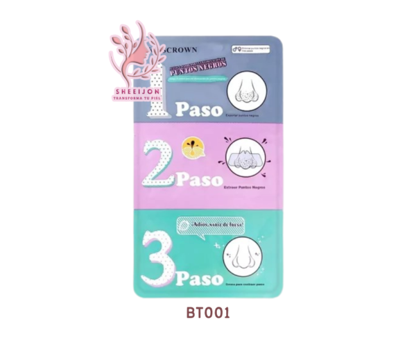 BT001 - MASCARILLA DE 3 PASOS PARA RETIRAR PUNTOS NEGROS DE LA NARÍZ, KISSCROWN, Cont. 1juego.
